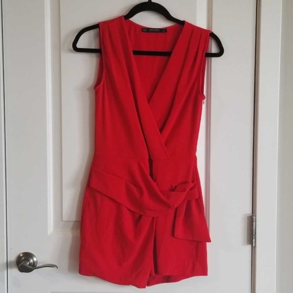 Red romper playsuit with ruching detail